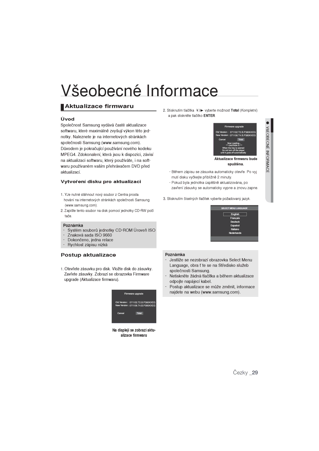 Samsung DVD-P191/XEO, DVD-P191/EDC manual ‰eobecné Informace, Aktualizace firmwaru, Úvod Vytvoﬁení disku pro aktualizaci 