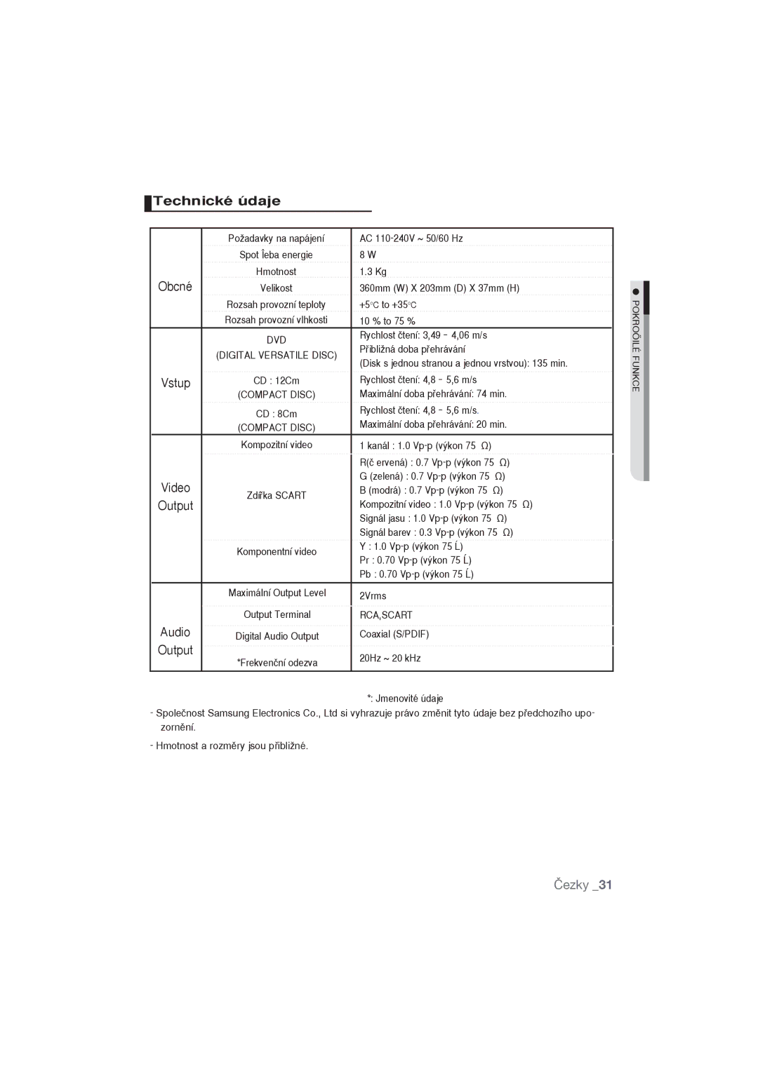 Samsung DVD-P191/SAM, DVD-P191/EDC, DVD-P390/EDC, DVD-P191/XEL, DVD-P390/XEL, DVD-P390/XET, DVD-P390/XEC manual Technické údaje 