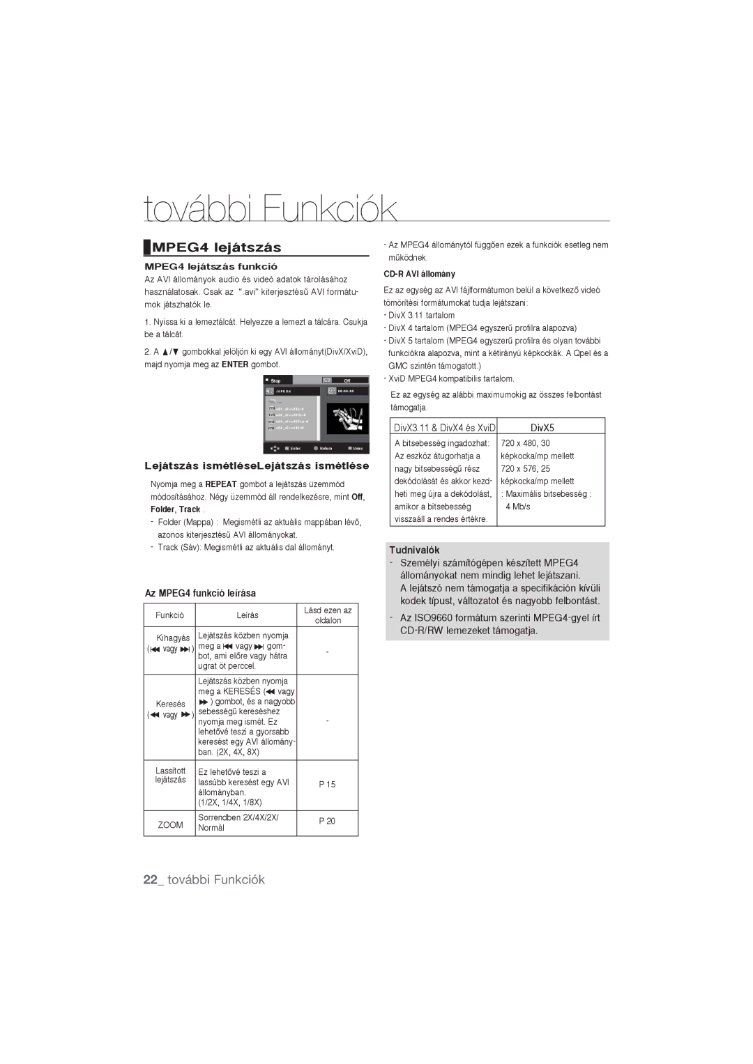 Samsung DVD-P191/EDC, DVD-P390/EDC manual MPEG4 lejátszás, 22 további Funkciók, Lejátszás ismétléseLejátszás ismétlése 