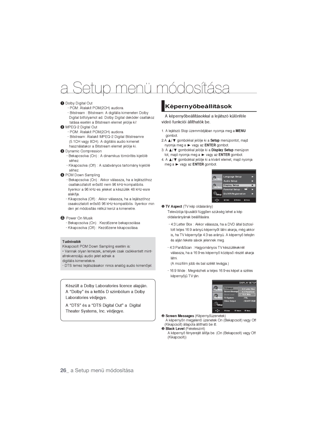 Samsung DVD-P390/XET, DVD-P191/EDC, DVD-P390/EDC manual KépernyŒbeállítások, Dolby Digital Out PCM Átalakít PCM2CH audiora 