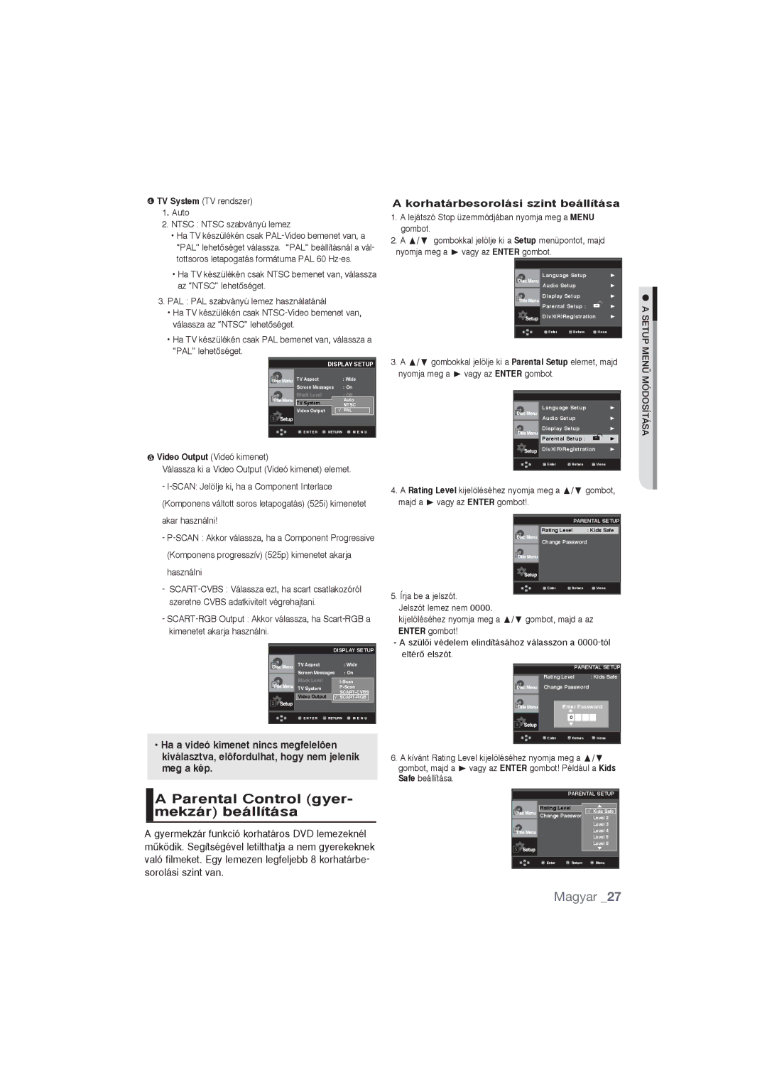 Samsung DVD-P390/XEC, DVD-P191/EDC manual Parental Control gyer- mekzár beállítása, Korhatárbesorolási szint beállítása 