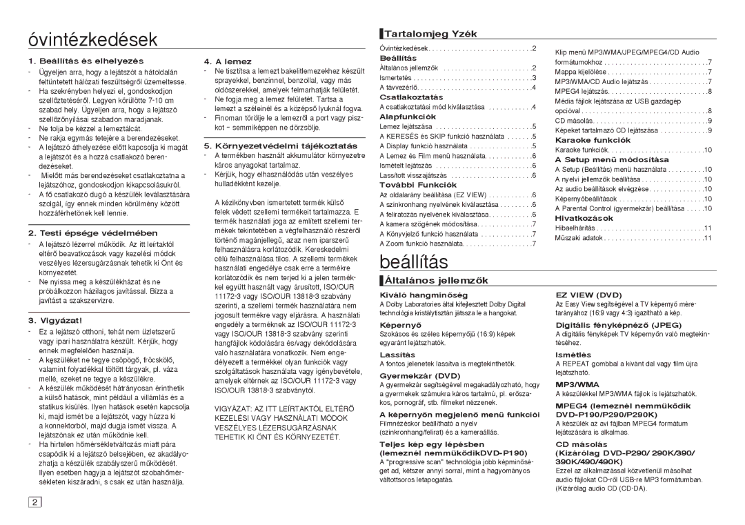 Samsung DVD-P390/XET, DVD-P191/EDC, DVD-P390/EDC manual Óvintézkedések, Beállítás, Tartalomjeg Yzék, Általános jellemzŒk 