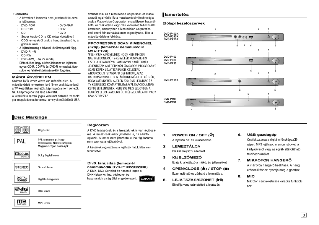 Samsung DVD-P390/XEC, DVD-P191/EDC, DVD-P390/EDC, DVD-P390/XET, DVD-P191/XEC, DVD-P390/XEE, DVD-P191/XEE manual Ismertetés 