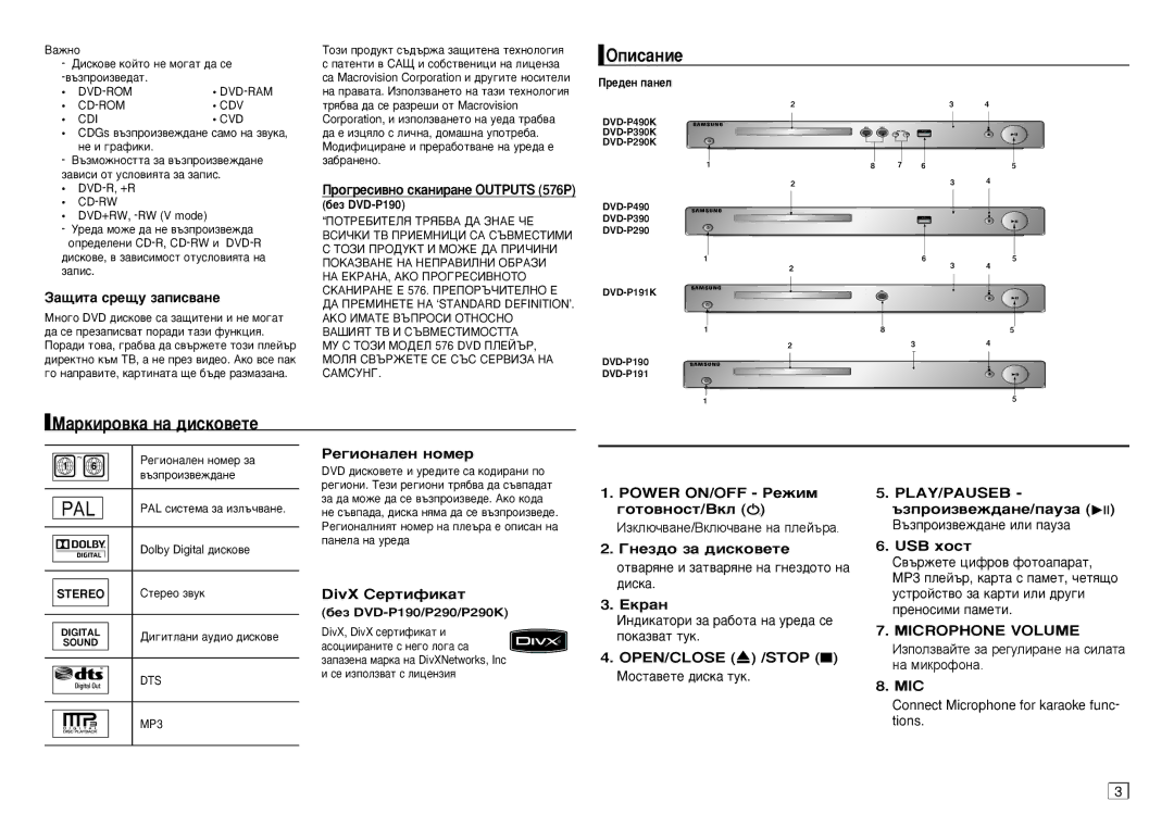 Samsung DVD-P390/EDC, DVD-P191/EDC manual Éìâá‰Ó Á‡ ‰Ëòíó‚Âúâ, Play/Pauseç ˙Áôóëá‚Âê‰‡Ìâ/Ô‡Ûá‡, Microphone Volume 