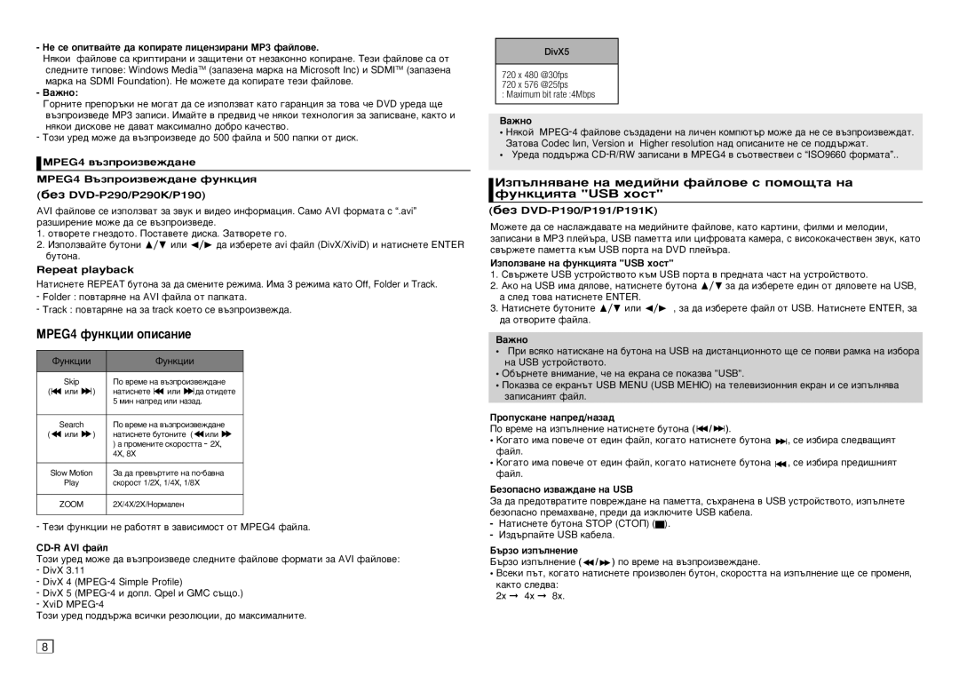 Samsung DVD-P191/EDC, DVD-P390/EDC manual MPEG4 ‚˙ÁÔÓËÁ‚ÂÊ‰‡ÌÂ, Cd-R Avi Ù‡Èî, Åâáóô‡Òìó Ëá‚‡Ê‰‡Ìâ Ì‡ Usb, ˙Áó Ëáô˙Îìâìëâ 