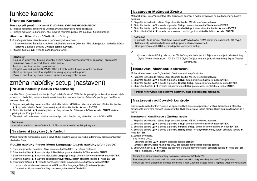 Samsung DVD-P191/EDC, DVD-P390/EDC manual Funkce karaoke, Zmûna nabídky setup nastavení 