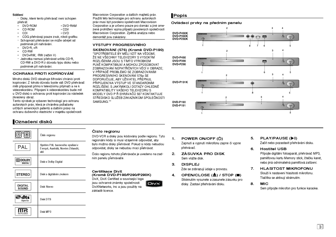 Samsung DVD-P390/EDC, DVD-P191/EDC manual Popis, Oznaãení diskÛ 