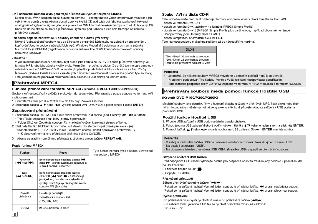 Samsung DVD-P191/EDC manual ehrávání MPEG4, Soubor AVI na disku CD-R, ehrávání souborÛ médií pomocí funkce Hostitel USB 