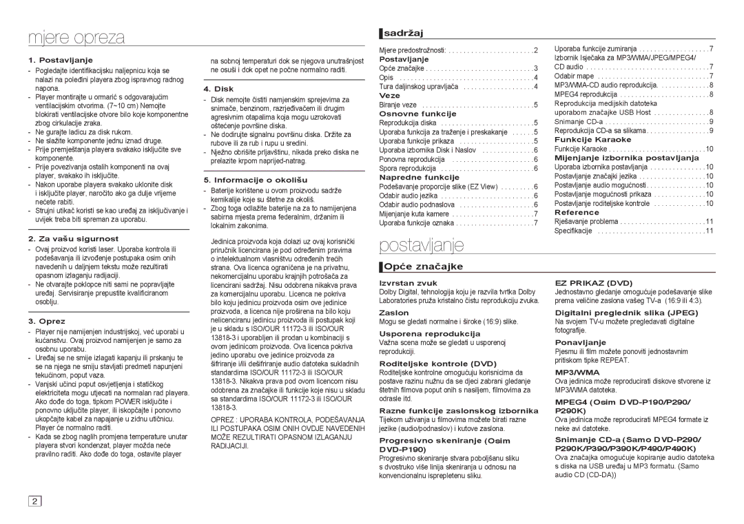 Samsung DVD-P191/EDC, DVD-P390/EDC manual Mjere opreza, Postavljanje, Sadržaj, Opće značajke 