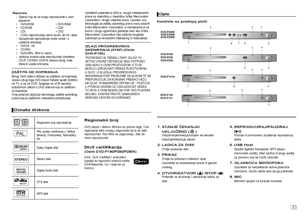 Samsung DVD-P390/EDC, DVD-P191/EDC manual Oznake diskova, Regionalni broj, DivX certifikacija 