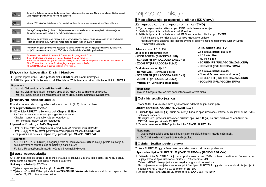 Samsung DVD-P191/EDC, DVD-P390/EDC manual Napredne funkcije 