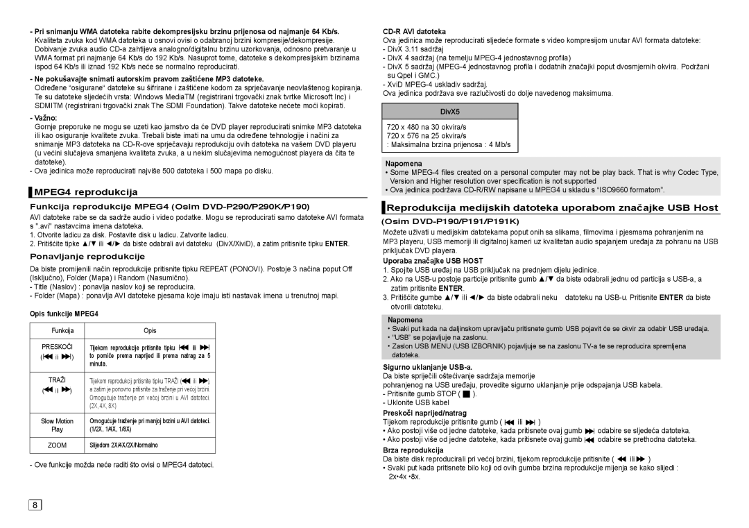 Samsung DVD-P191/EDC, DVD-P390/EDC manual MPEG4 reprodukcija, Reprodukcija medijskih datoteka uporabom značajke USB Host 