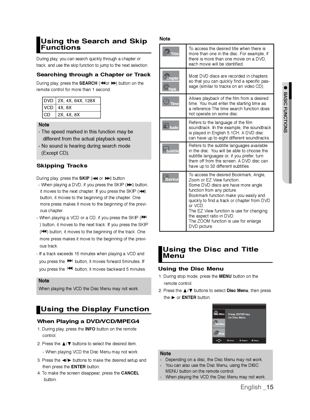 Samsung DVD-P191K Using the Search and Skip Functions, Using the Disc and Title Menu, Using the Display Function 