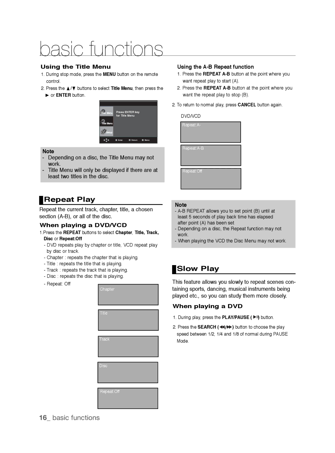 Samsung DVD-P191K user manual Repeat Play, Slow Play 