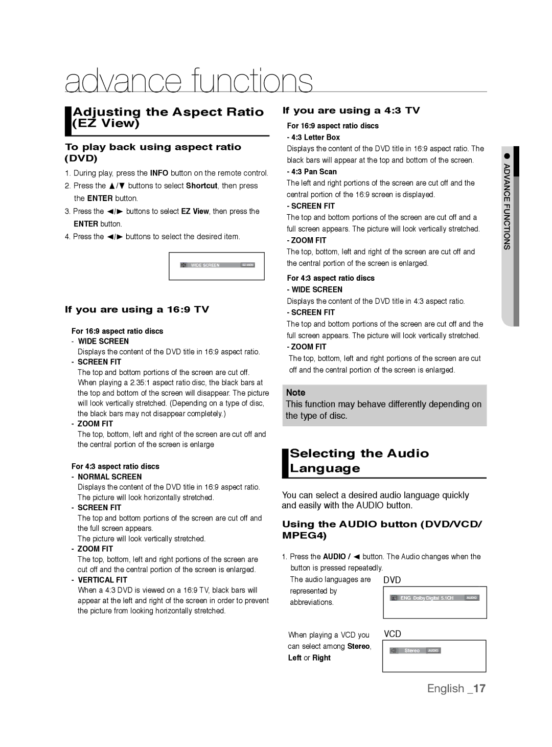 Samsung DVD-P191K user manual Advance functions, Adjusting the Aspect Ratio EZ View, Selecting the Audio Language 