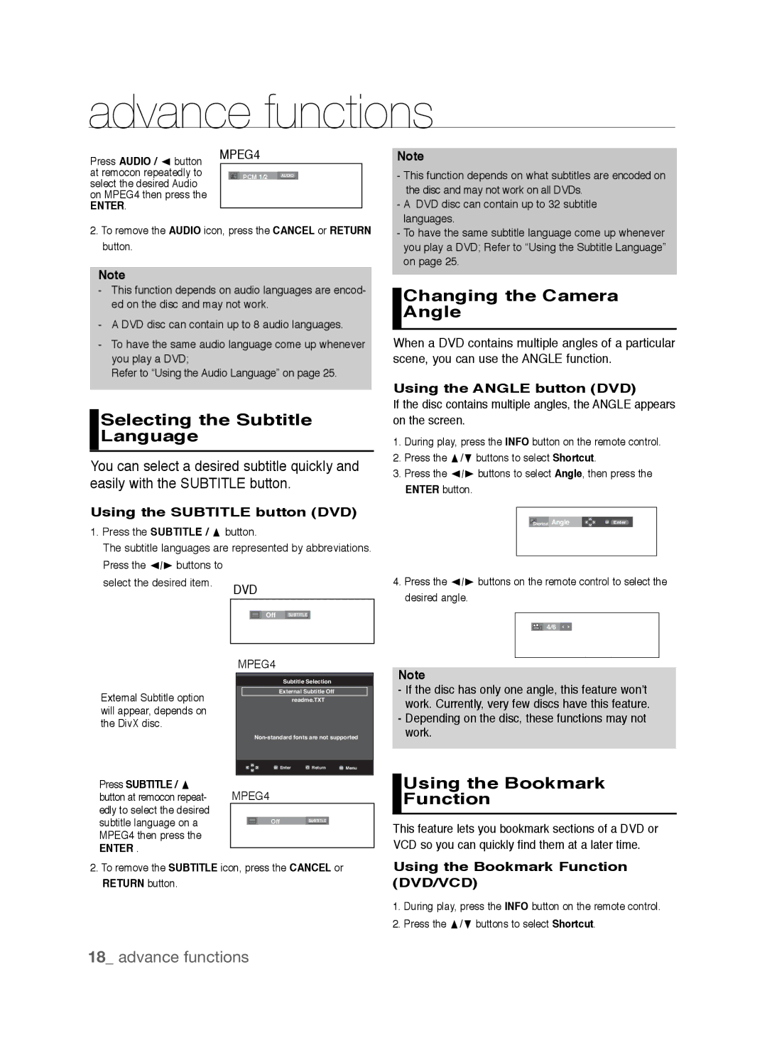 Samsung DVD-P191K user manual Selecting the Subtitle Language, Changing the Camera Angle, Using the Bookmark Function 