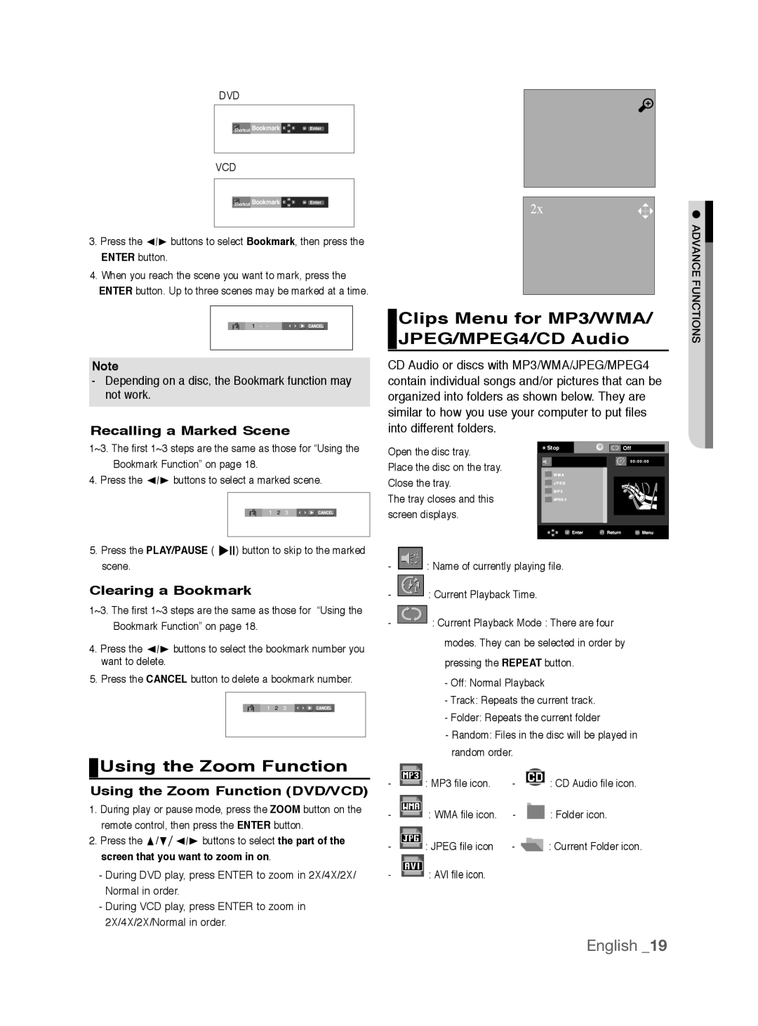 Samsung DVD-P191K Clips Menu for MP3/WMA/ JPEG/MPEG4/CD Audio, Using the Zoom Function, Recalling a Marked Scene 