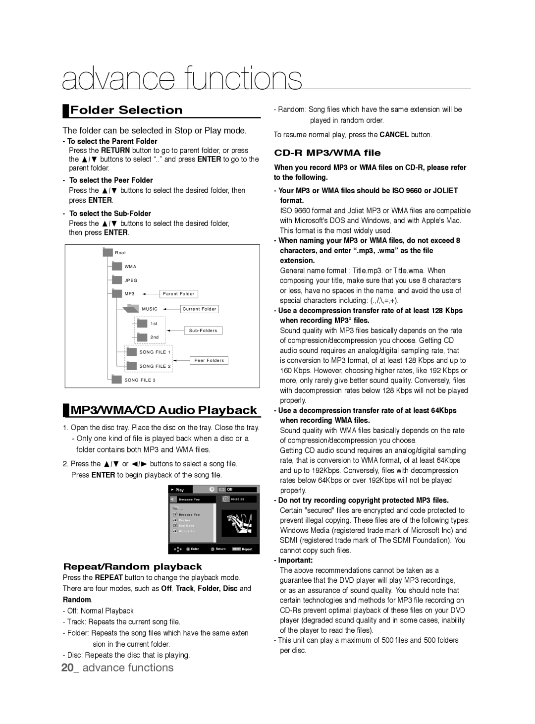 Samsung DVD-P191K user manual Folder Selection, MP3/WMA/CD Audio Playback, Repeat/Random playback, CD-R MP3/WMA file 