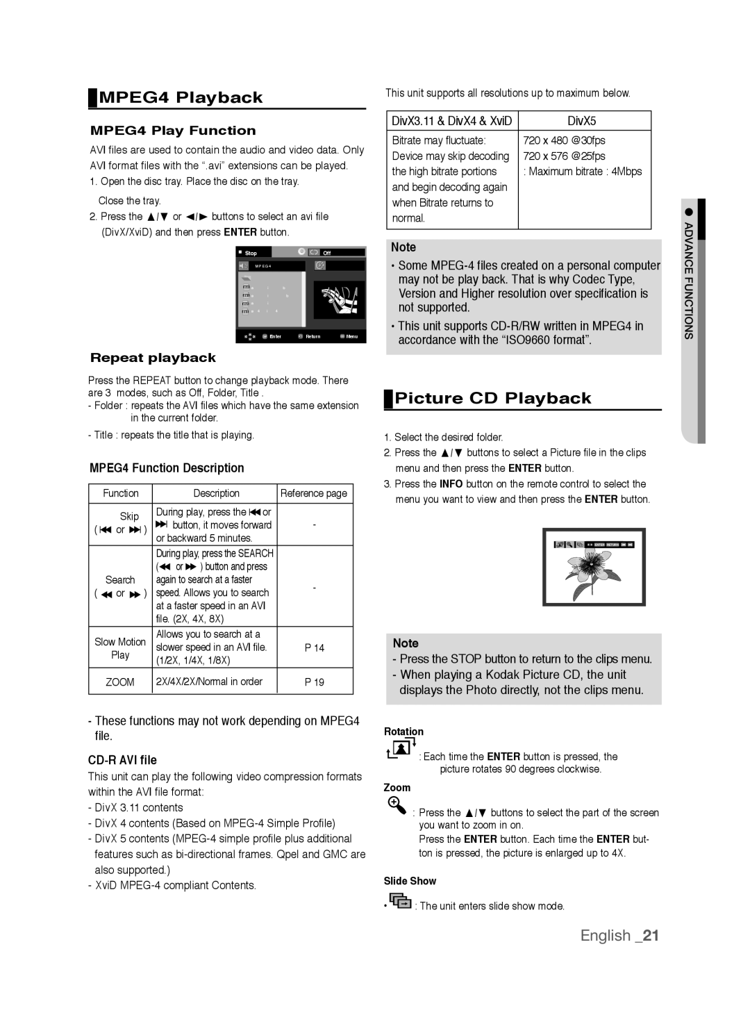 Samsung DVD-P191K user manual MPEG4 Playback, Picture CD Playback 