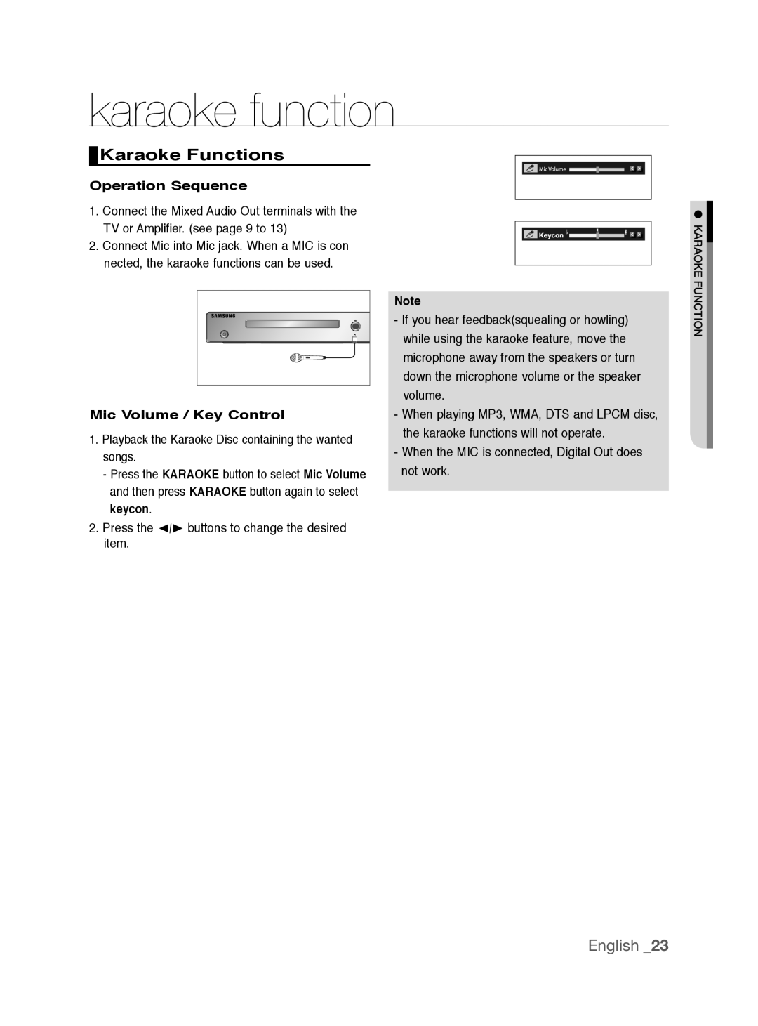 Samsung DVD-P191K user manual Karaoke function, Karaoke Functions, Operation Sequence, Mic Volume / Key Control 