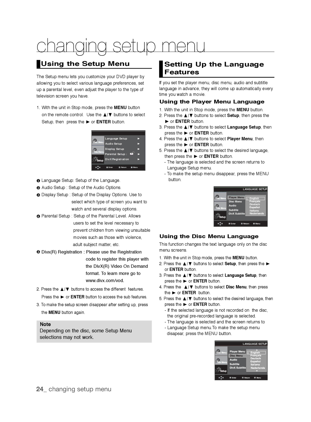 Samsung DVD-P191K user manual Changing setup menu, Using the Setup Menu, Setting Up the Language Features 