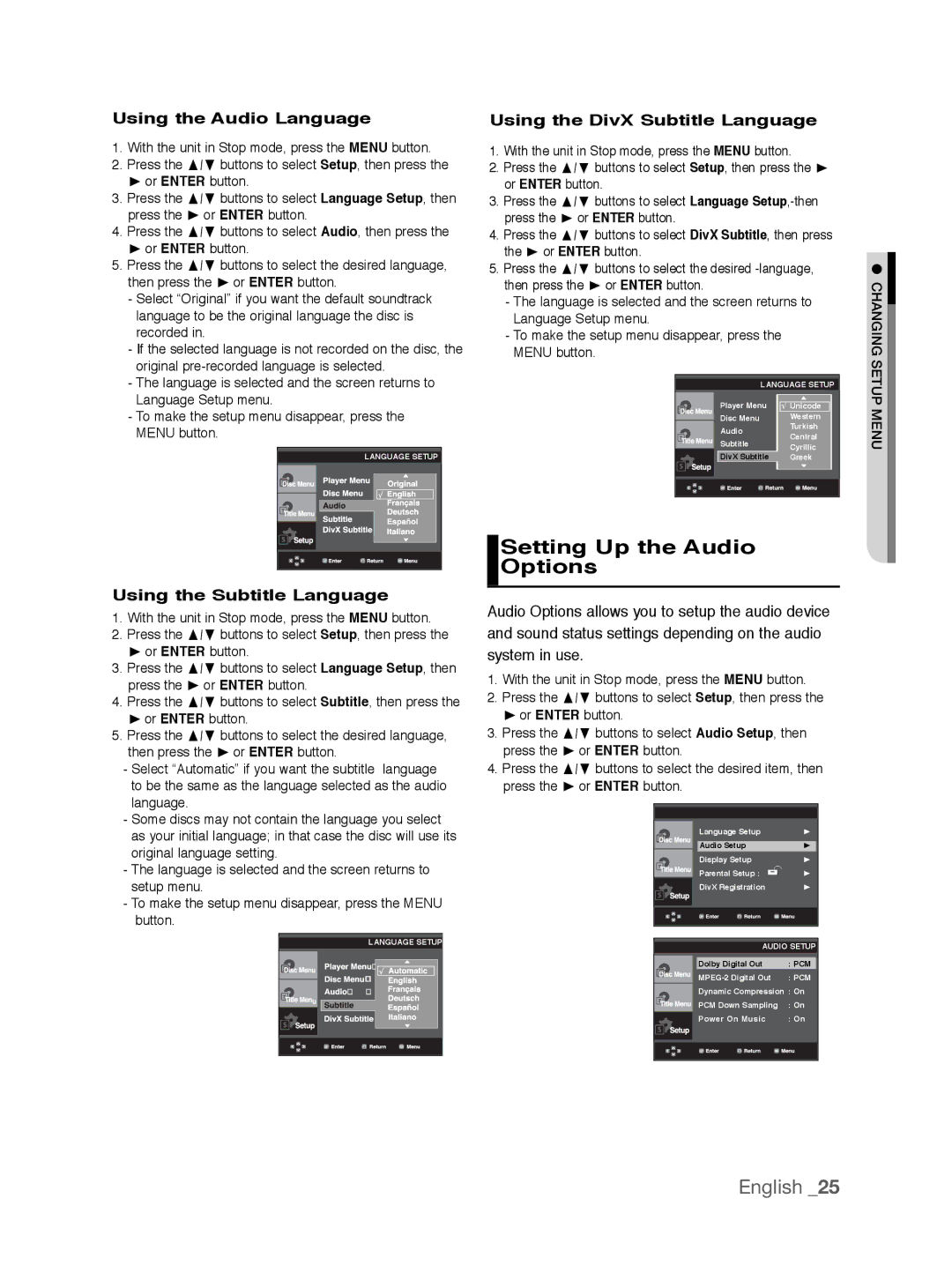 Samsung DVD-P191K user manual Setting Up the Audio Options, Using the Audio Language, Using the Subtitle Language 