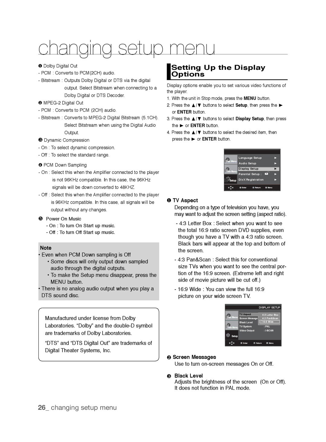 Samsung DVD-P191K user manual Setting Up the Display Options, ❶ TV Aspect, ❷ Screen Messages, ❸ Black Level 