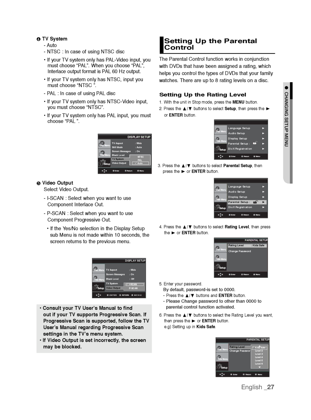 Samsung DVD-P191K user manual Setting Up the Parental Control, ❹ TV System, Setting Up the Rating Level, ❺ Video Output 