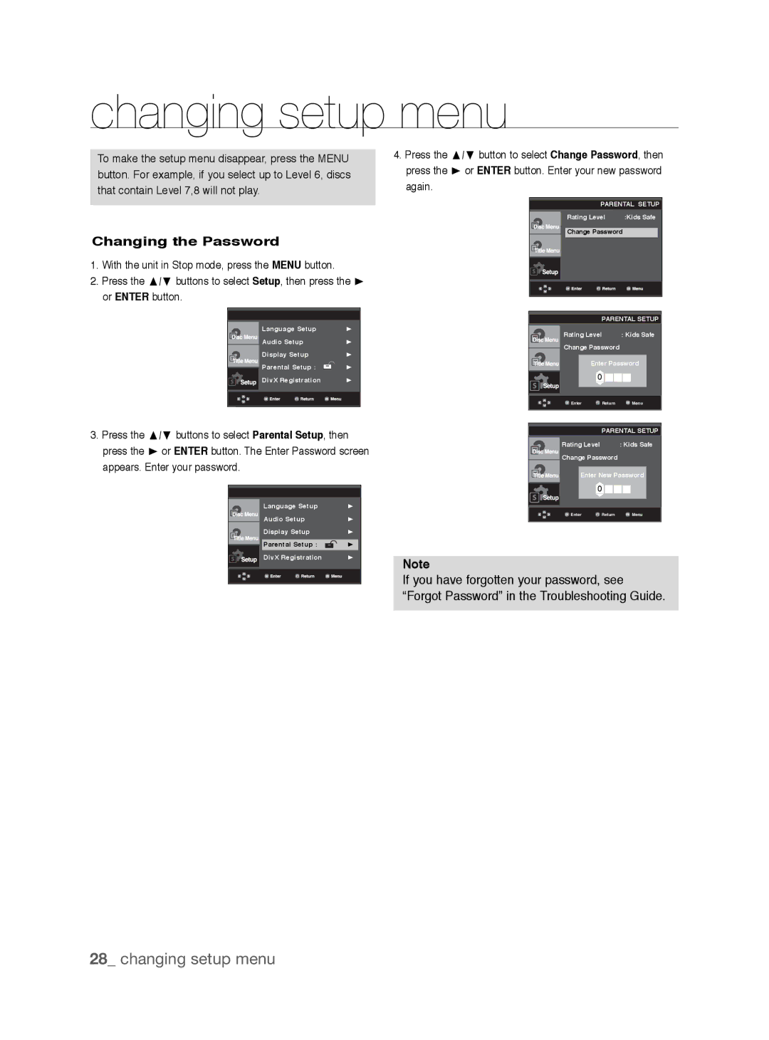 Samsung DVD-P191K user manual Changing the Password 