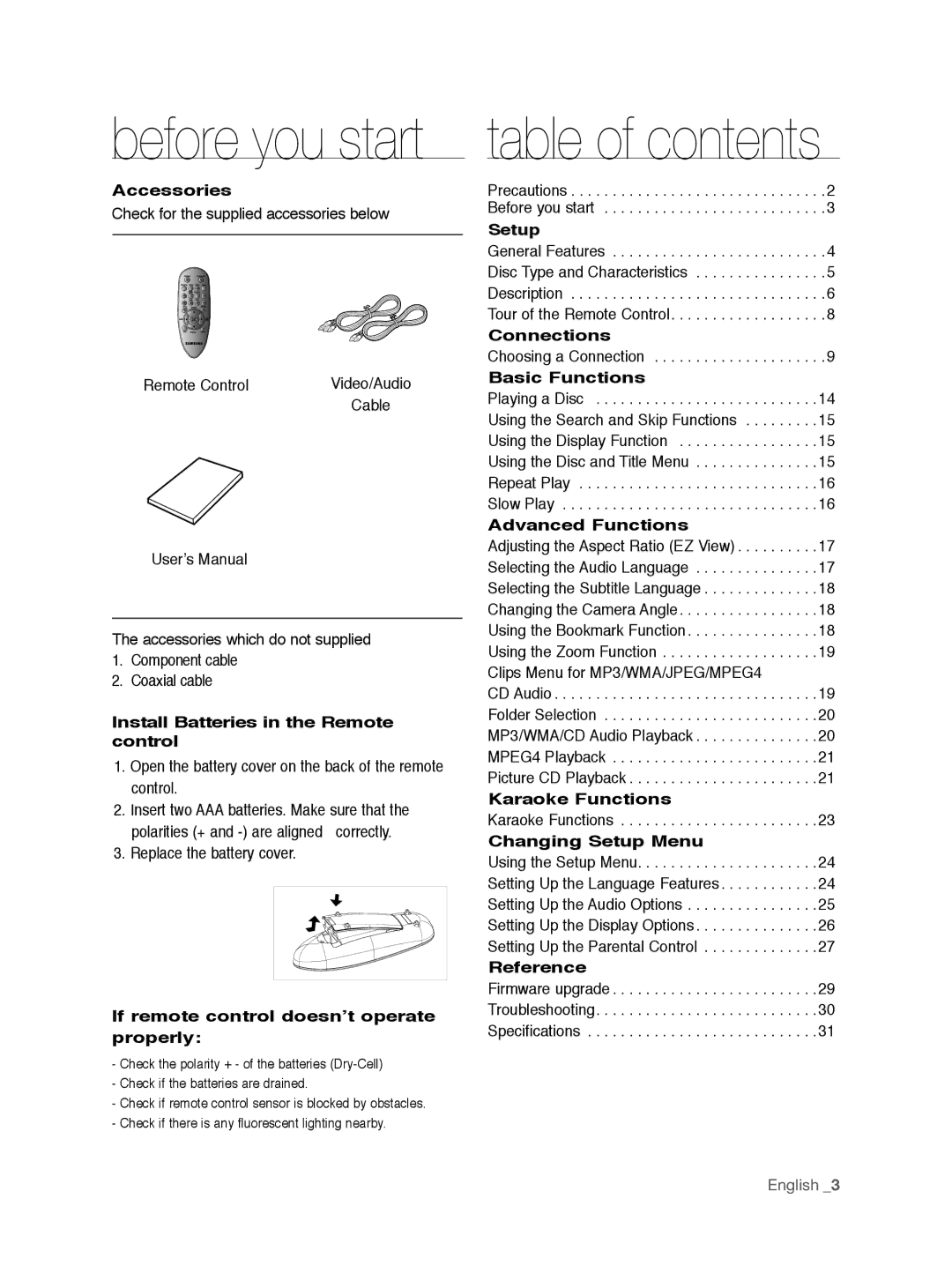 Samsung DVD-P191K user manual Before you start 