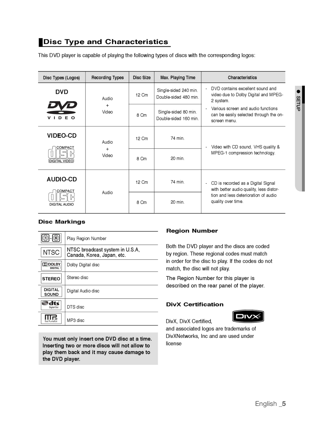 Samsung DVD-P191K user manual Disc Type and Characteristics, Disc Markings, DivX Certification 