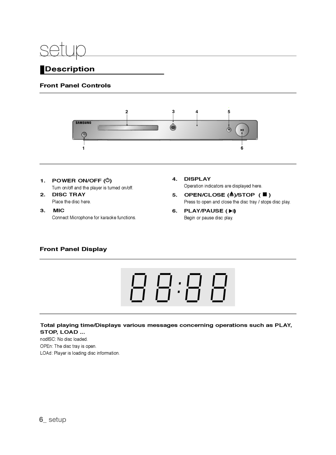 Samsung DVD-P191K user manual Description, Front Panel Controls, Front Panel Display 