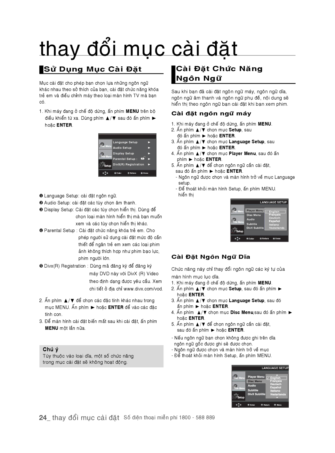 Samsung DVD-P191K/XSV manual Thay ñoåi muïc caøi ñaët, Söû Duïng Muïc Caøi Ñaët, Caøi Ñaët Chöùc Naêng Ngoân Ngöõ 