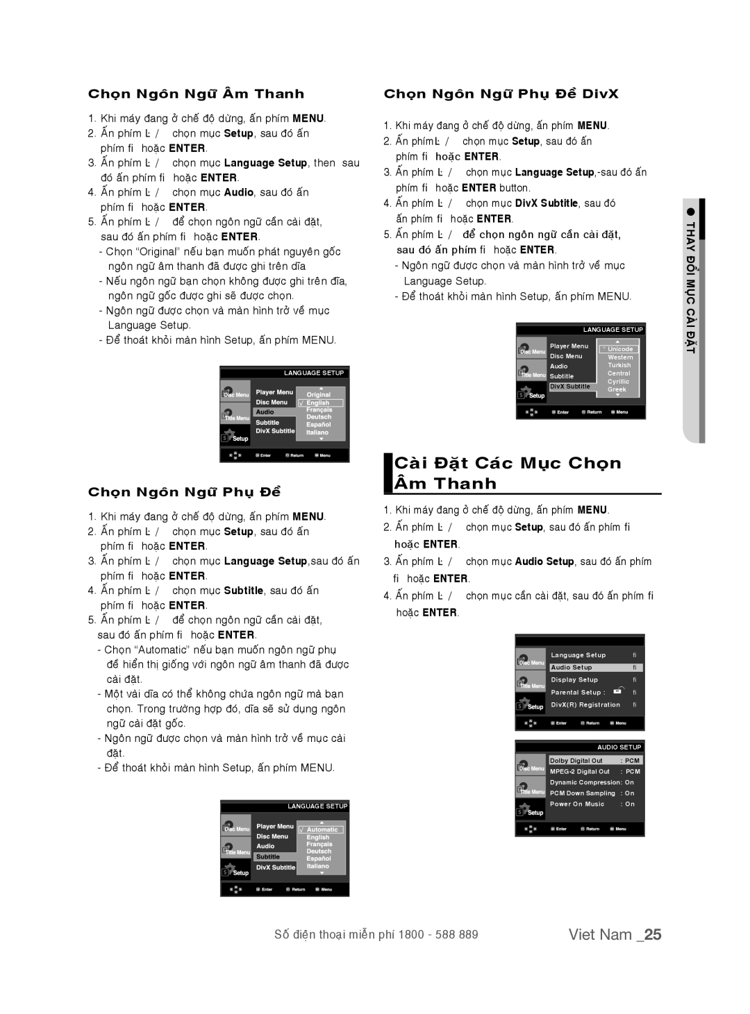 Samsung DVD-P191K/XSV manual Caøi Ñaët Caùc Muïc Choïn AÂm Thanh, Choïn Ngoân Ngöõ AÂm Thanh Choïn Ngoân Ngöõ Phuï Ñeà DivX 