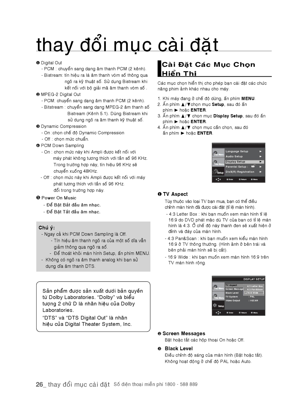 Samsung DVD-P191K/XSV manual Caøi Ñaët Caùc Muïc Choïn Hieån Thò, ❶ TV Aspect, ❷ Screen Messages, ❸ Black Level 