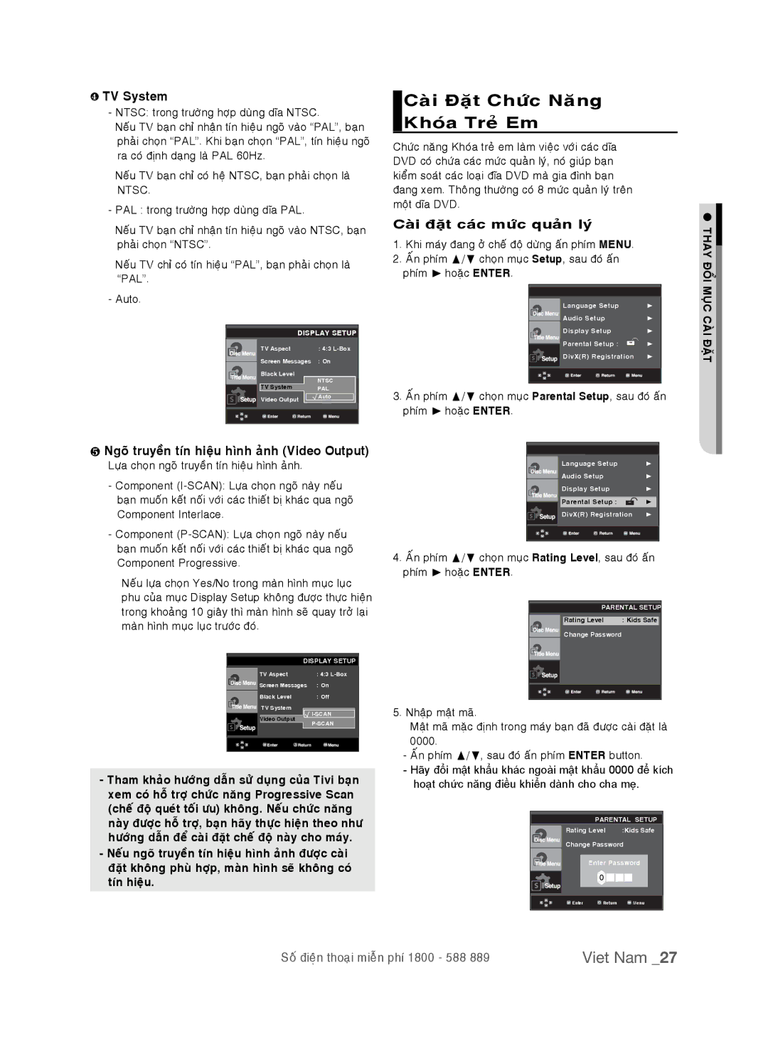 Samsung DVD-P191K/XSV manual Caøi Ñaët Chöùc Naêng Khoùa Treû Em, ❹ TV System, Caøi ñaët caùc möùc quaûn lyù 