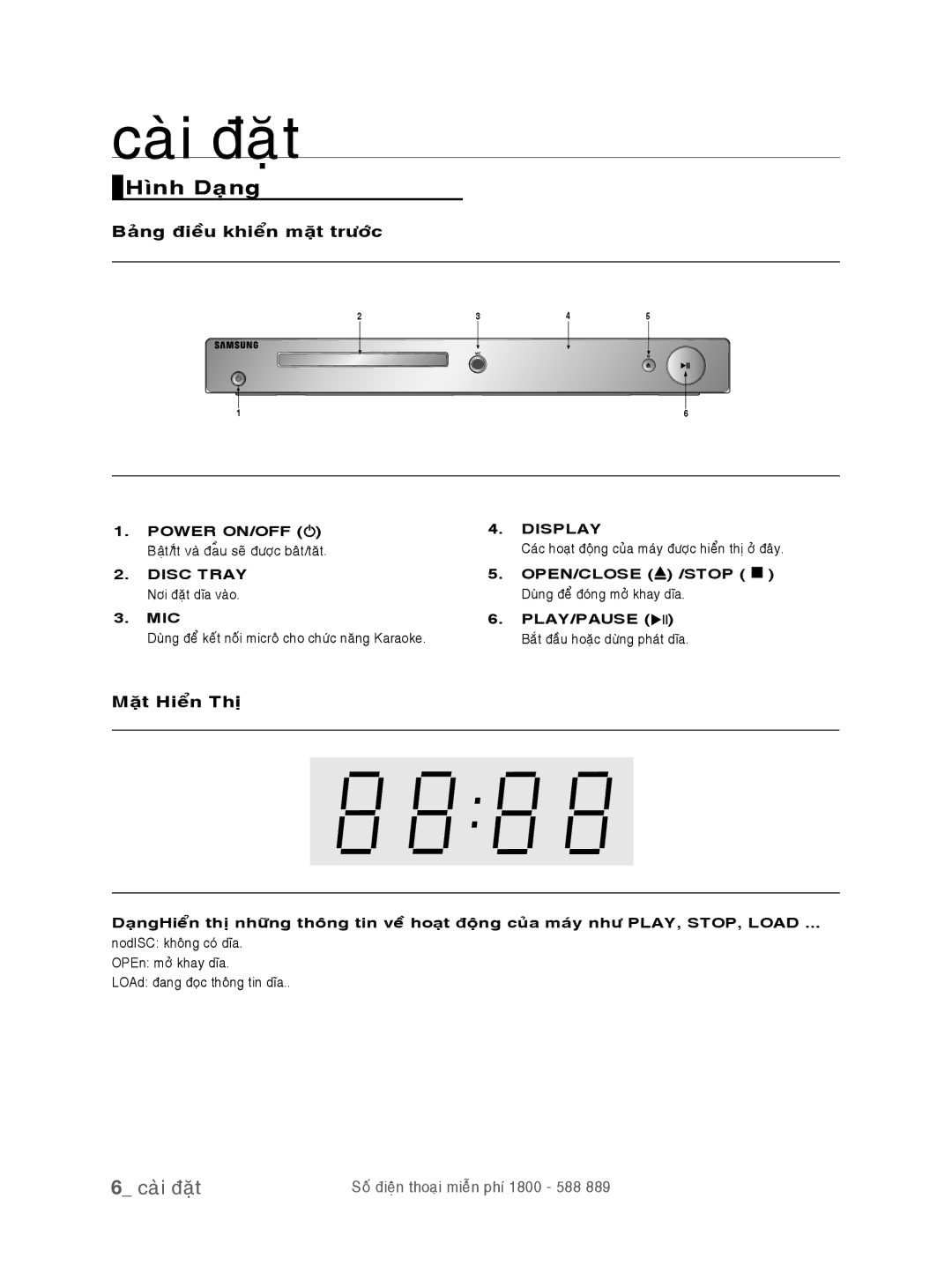 Samsung DVD-P191K/XSV manual Hình Daïng, Baûng ñieàu khieån maët tröôùc, Maët Hieån Thò, Display 