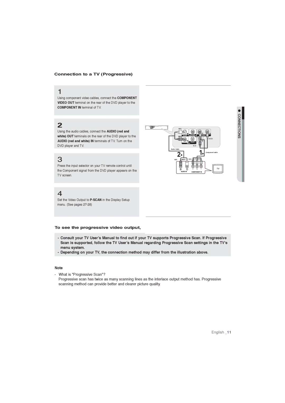 Samsung DVD-P191/SAM, DVD-P191/MEA manual Connection to a TV Progressive, To see the progressive video output, Scan is 