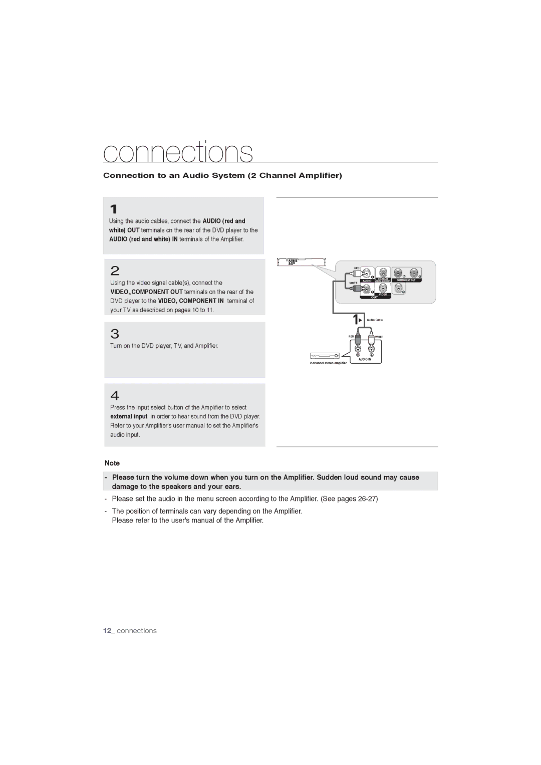 Samsung DVD-P191/MEA manual Connection to an Audio System 2 Channel Amplifier, Using the video signal cables, connect 