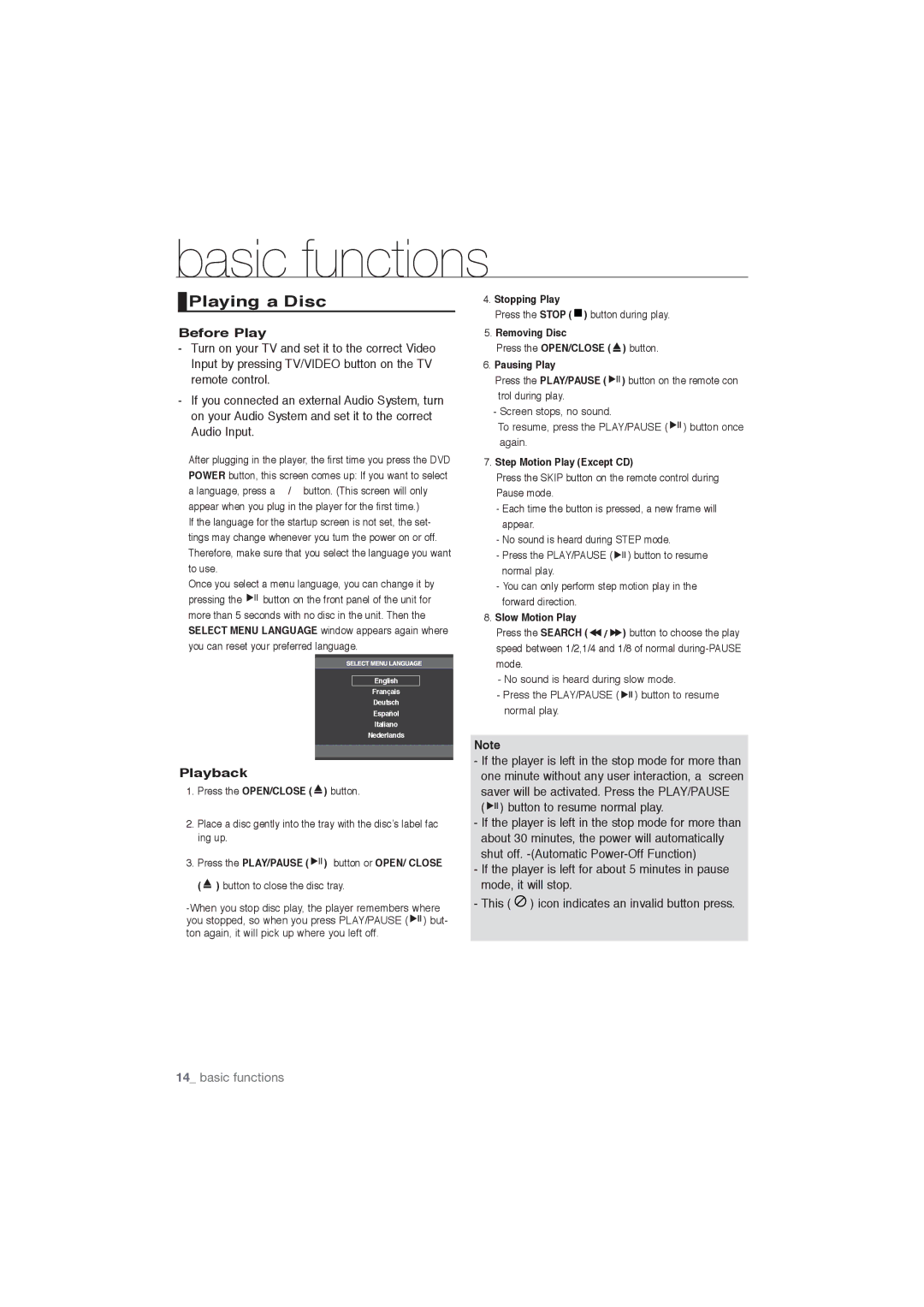 Samsung DVD-P191/MEA, DVD-P191/SAM Basic functions, Playing a Disc, Before Play, Playback, Button to resume normal play 