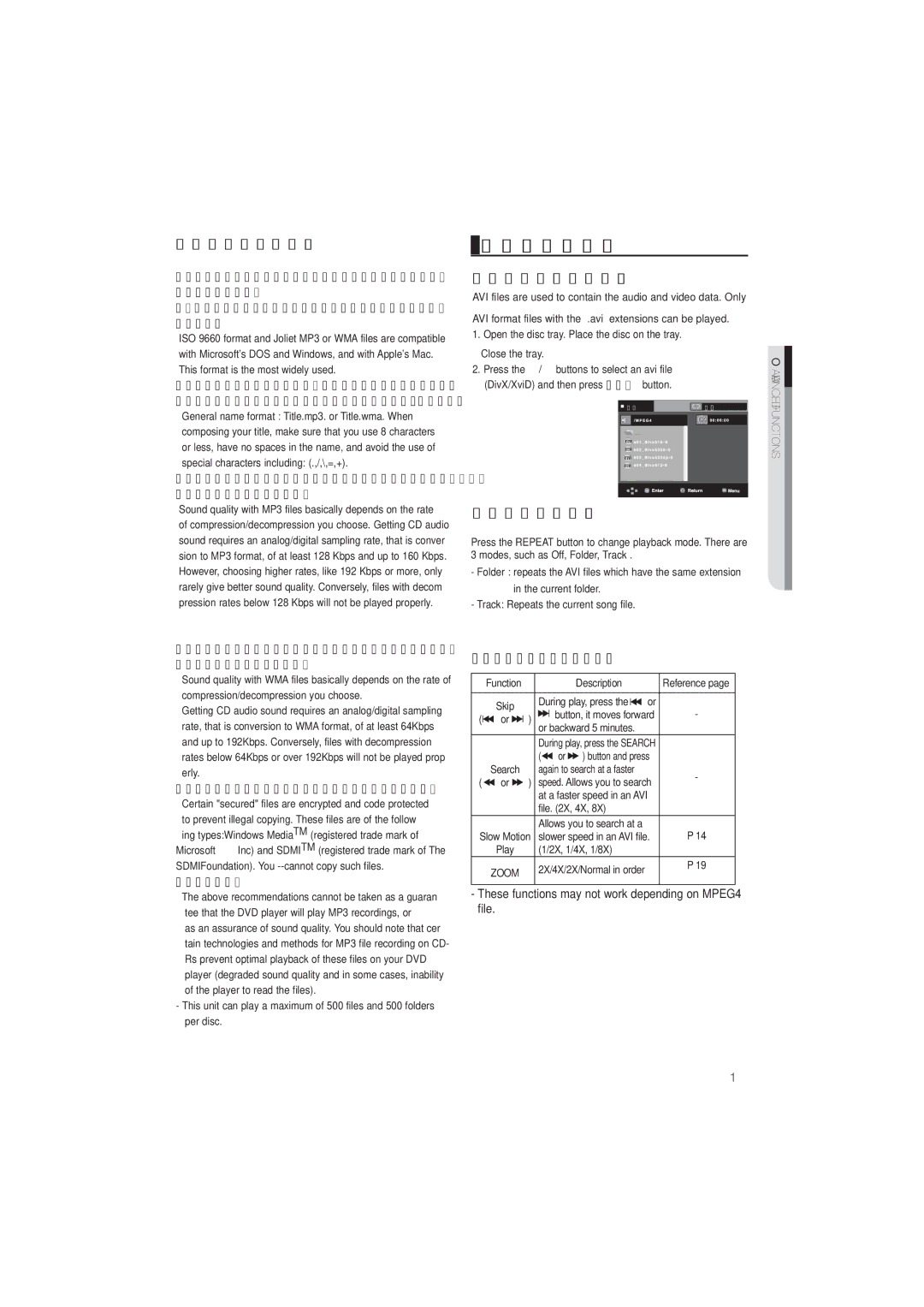 Samsung DVD-P191/SAM MPEG4 Playback, CD-R MP3/WMA file, MPEG4 Play Function, Repeat playback, MPEG4 Function Description 