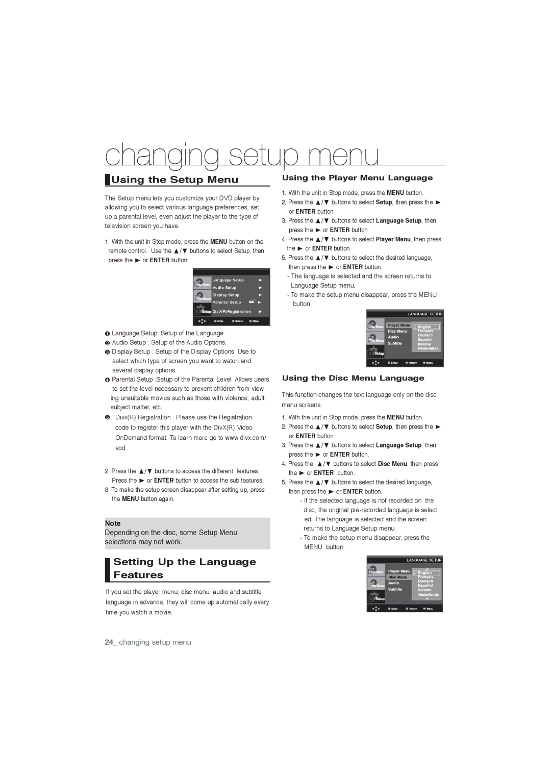 Samsung DVD-P191/MEA, DVD-P191/SAM manual Changing setup menu, Using the Setup Menu, Setting Up the Language Features 