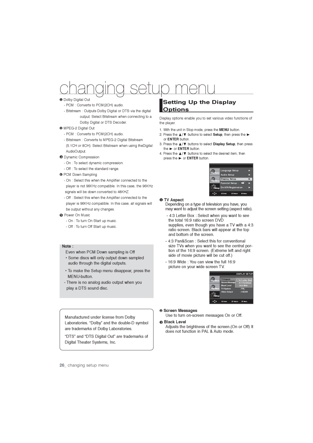 Samsung DVD-P191/MEA, DVD-P191/SAM manual Setting Up the Display Options, ❶ TV Aspect, ❷ Screen Messages, ❸ Black Level 