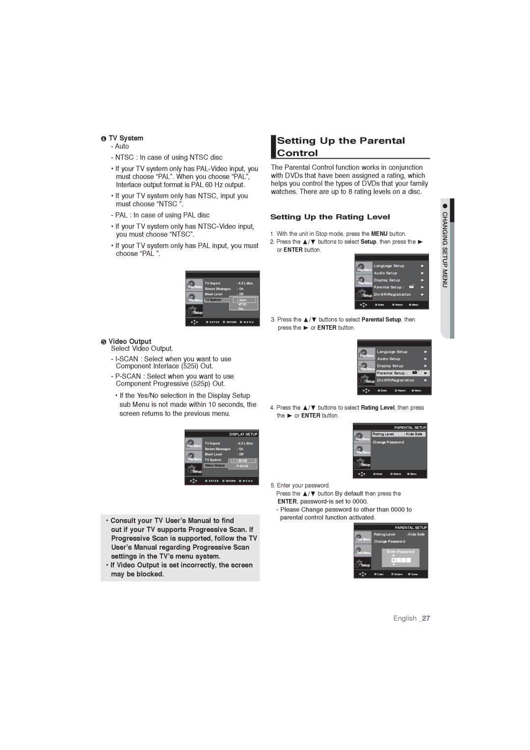 Samsung DVD-P191/SAM manual Setting Up the Parental Control, ❹ TV System, Setting Up the Rating Level, ❺ Video Output 