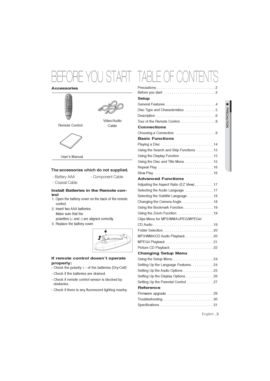 Samsung DVD-P191/SAM, DVD-P191/MEA manual Before YOU Start Table of Contents 