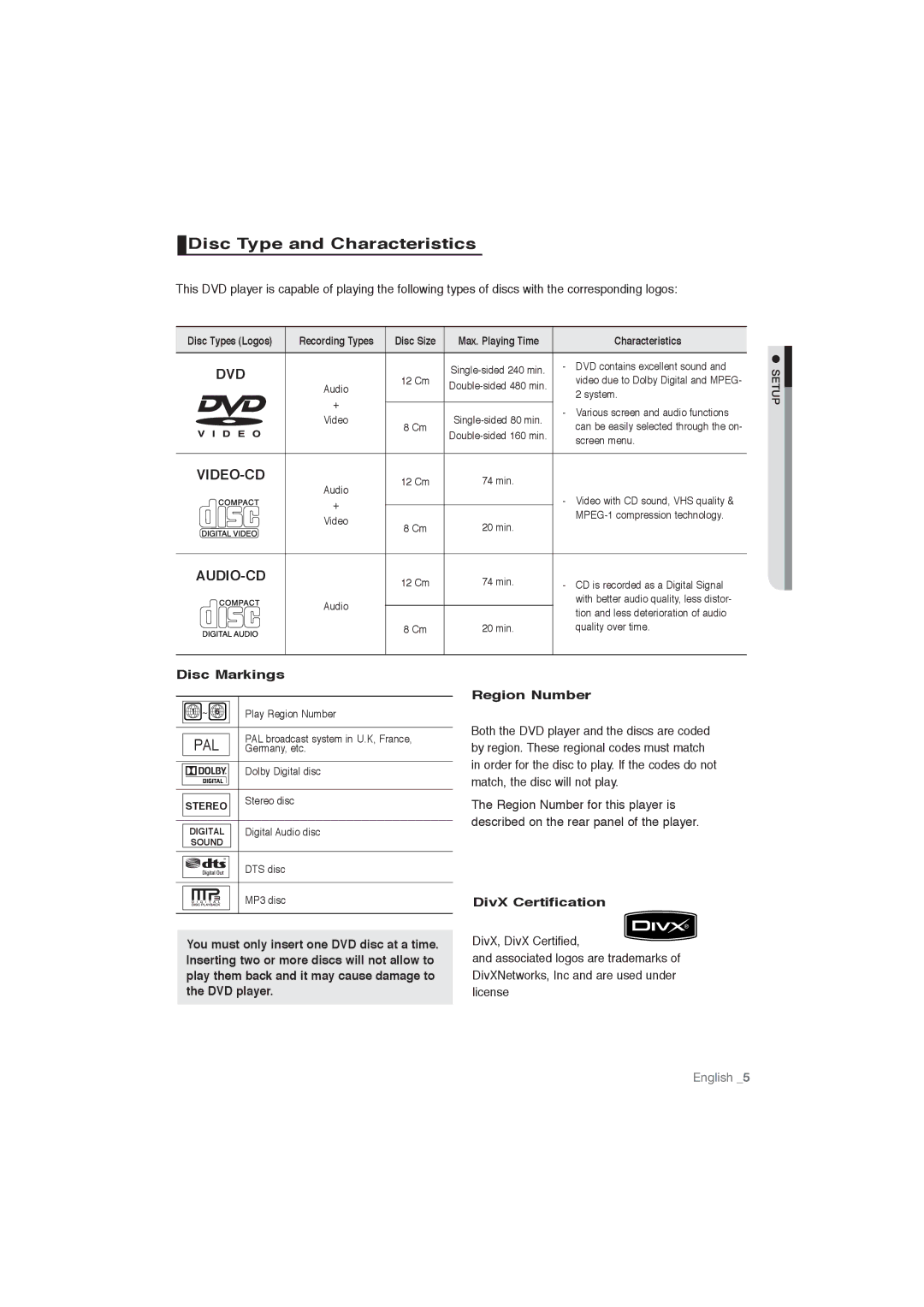 Samsung DVD-P191/SAM, DVD-P191/MEA manual Disc Type and Characteristics, Disc Markings, DivX Certification 