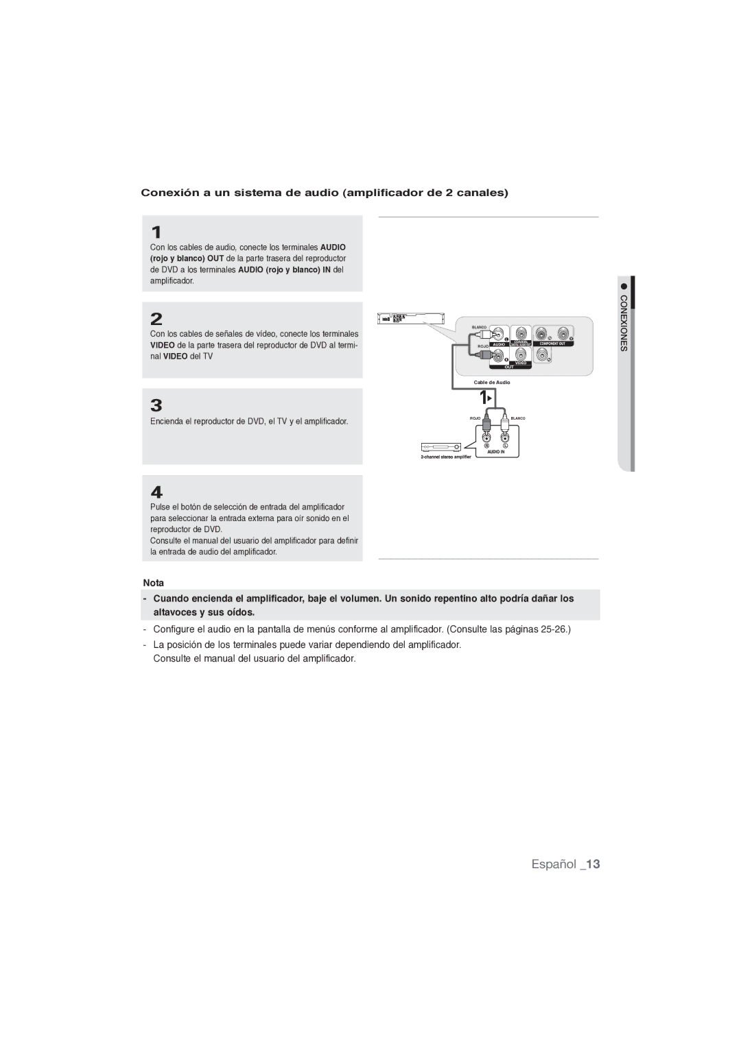 Samsung DVD-P191/XEC manual Conexión a un sistema de audio amplificador de 2 canales 