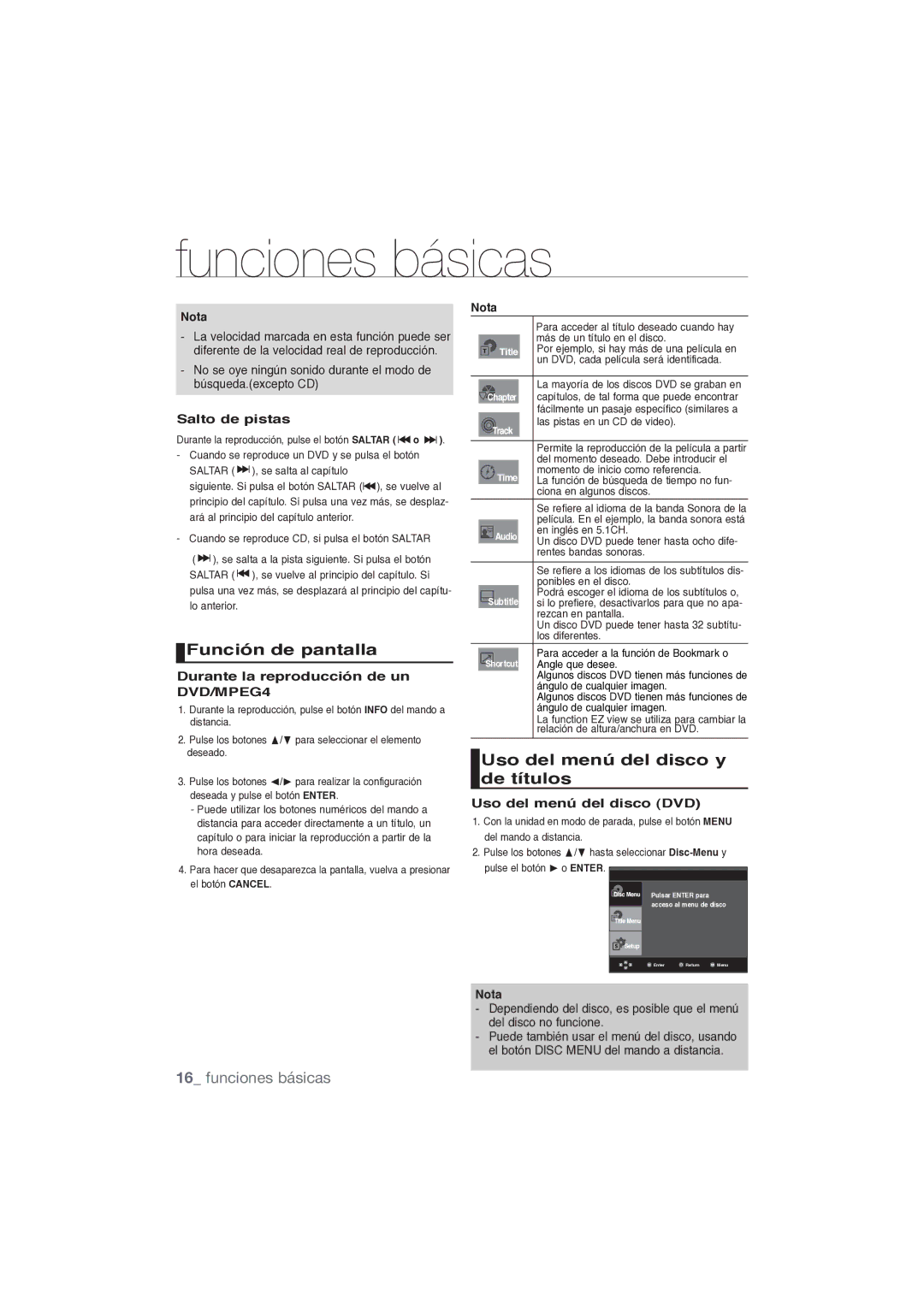 Samsung DVD-P191/XEC manual Función de pantalla, Uso del menú del disco y de títulos, Funciones básicas 