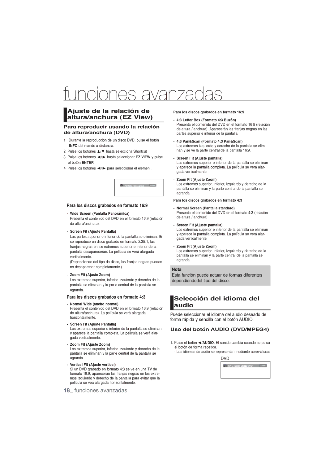 Samsung DVD-P191/XEC Ajuste de la relación de altura/anchura EZ View, Selección del idioma del audio, Funciones avanzadas 