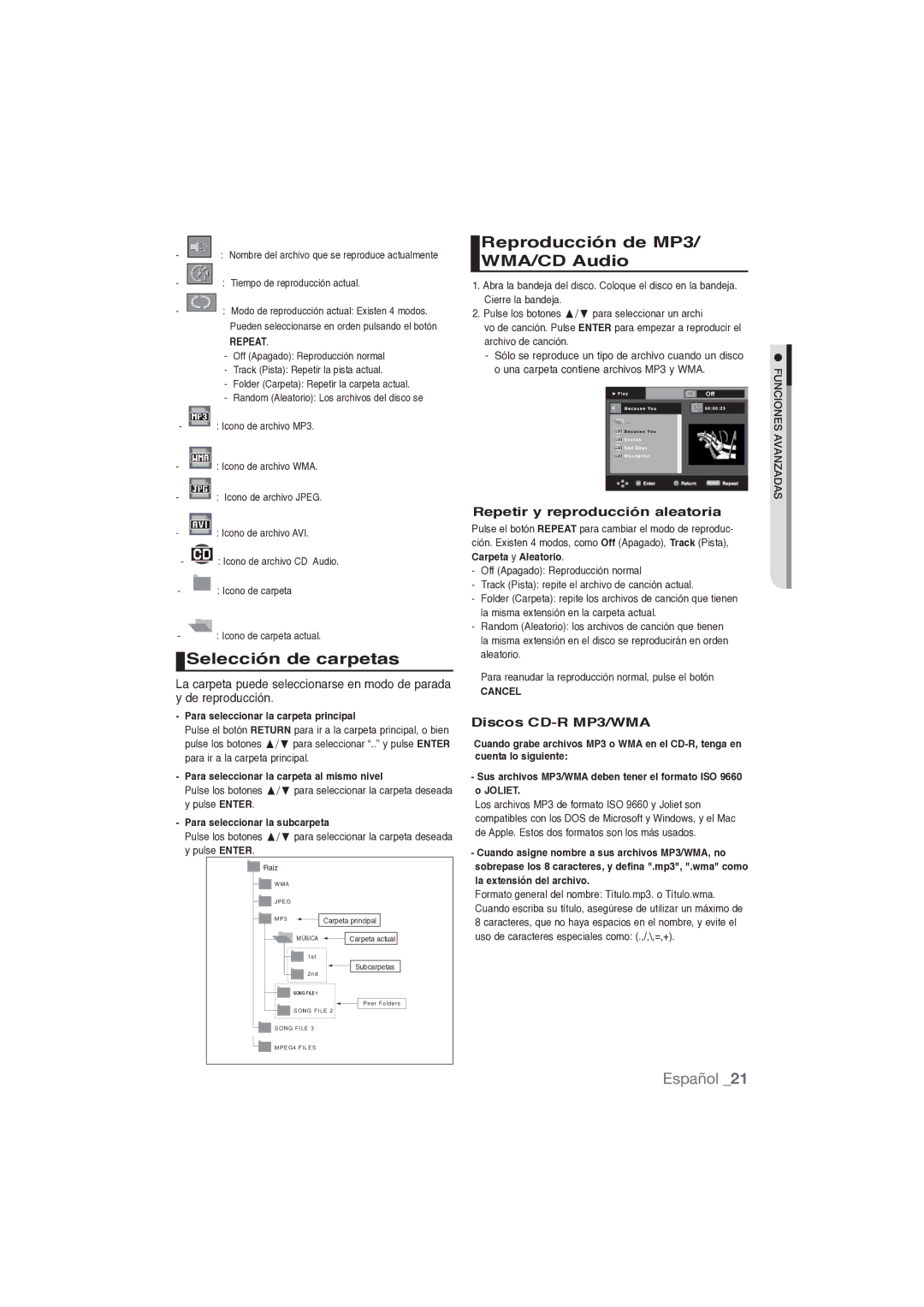 Samsung DVD-P191/XEC manual Reproducción de MP3, WMA/CD Audio, Selección de carpetas, Repetir y reproducción aleatoria 